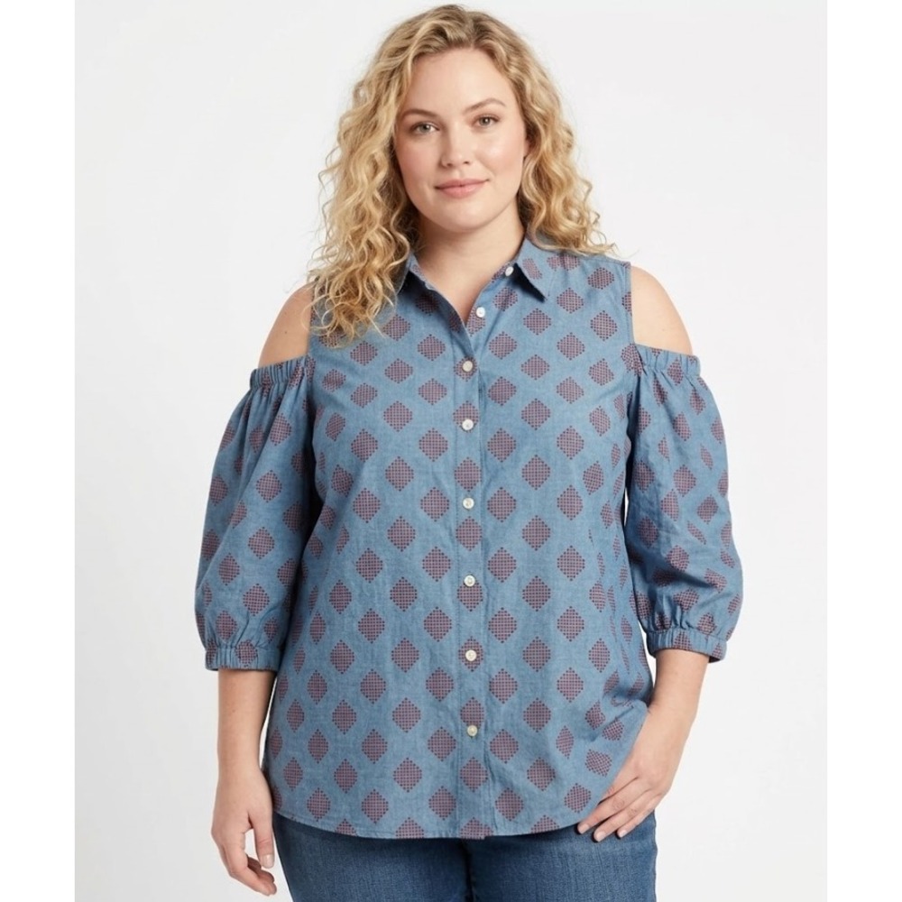 Foxcroft Blue Red Geometric Cold Shoulder Cotton Button Down size 16